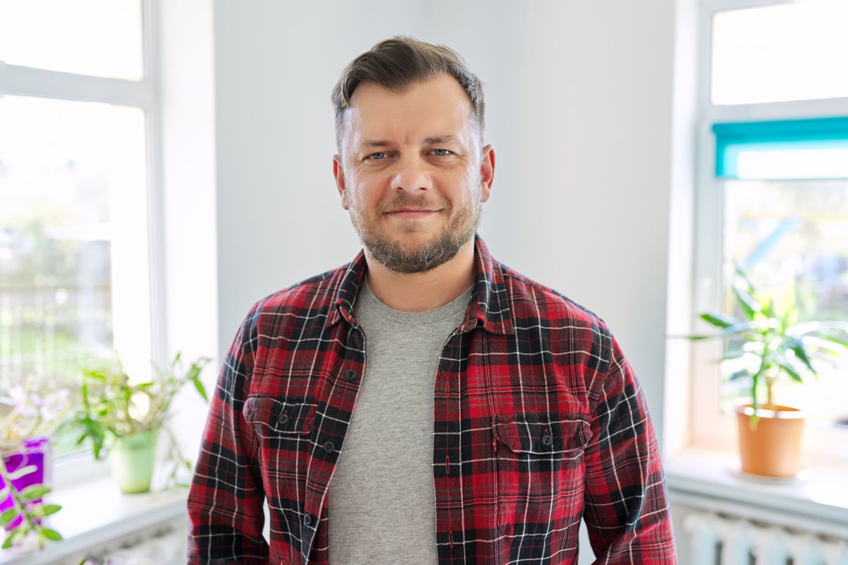 Portrait of 40 Years Old Man, Smiling Male in Plaid Casual Shirt Looking at Camera